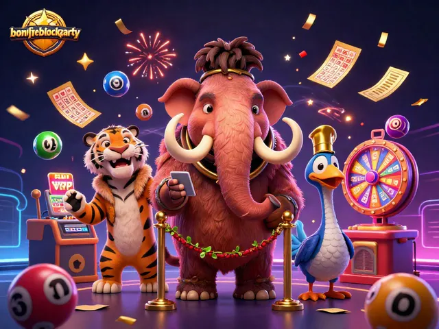 Engage in the bonfireblockparty with vibrant casino characters amidst dynamic gambling elements and festive visuals.