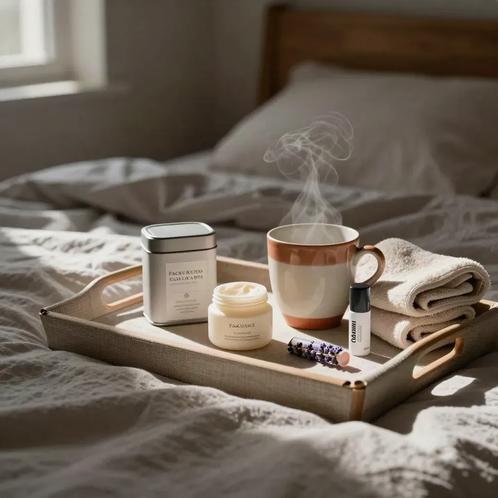 Pack Rutina Suave con té, crema, roll-on y magnesio junto a una taza humeante