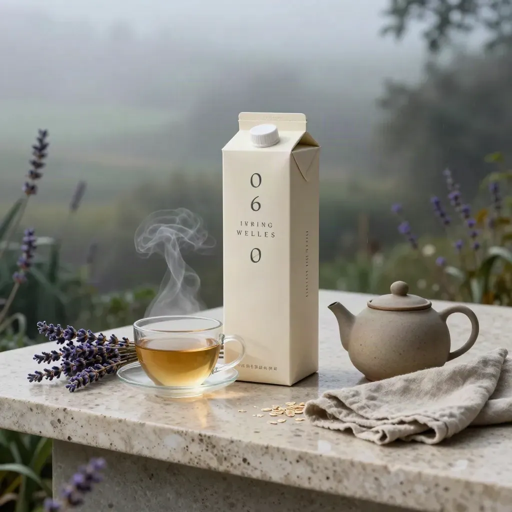 Infusión de lavanda con taza, tetera y caja crema sobre travertino, en una bruma de amanecer.