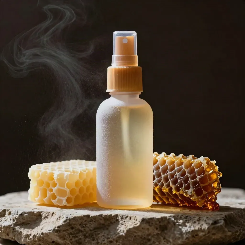 Spray de propóleo en frasco esmerilado con tapa ámbar, cera y panal sobre piedra clara.