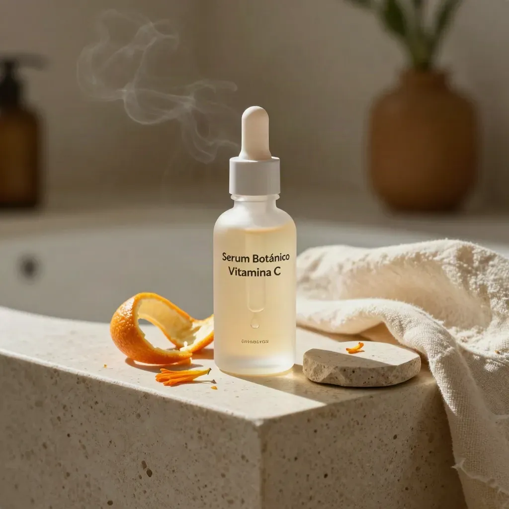 Serum botánico en frasco esmerilado con cítrico y caléndula sobre travertino claro.