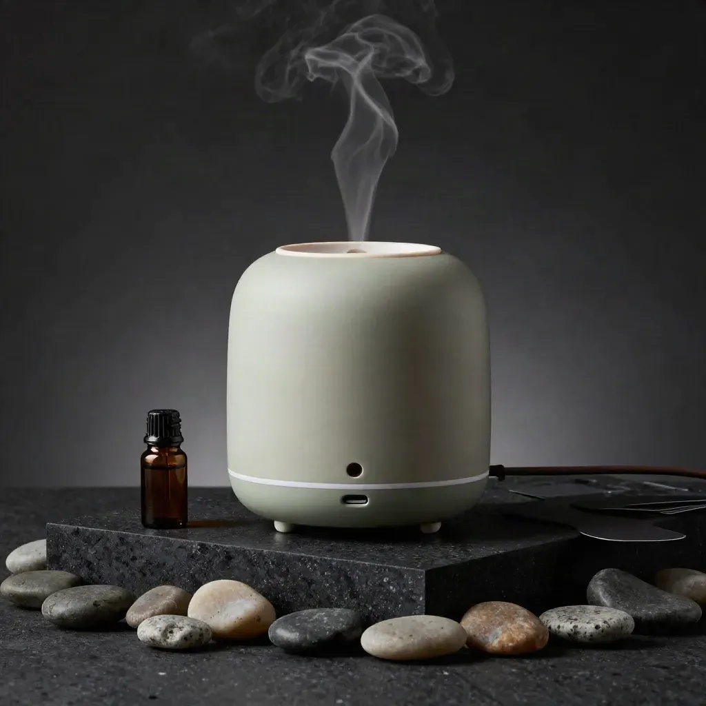 Difusor cerámico verde salvia con frasco de aceite, cable y piedras sobre base oscura, con vapor.