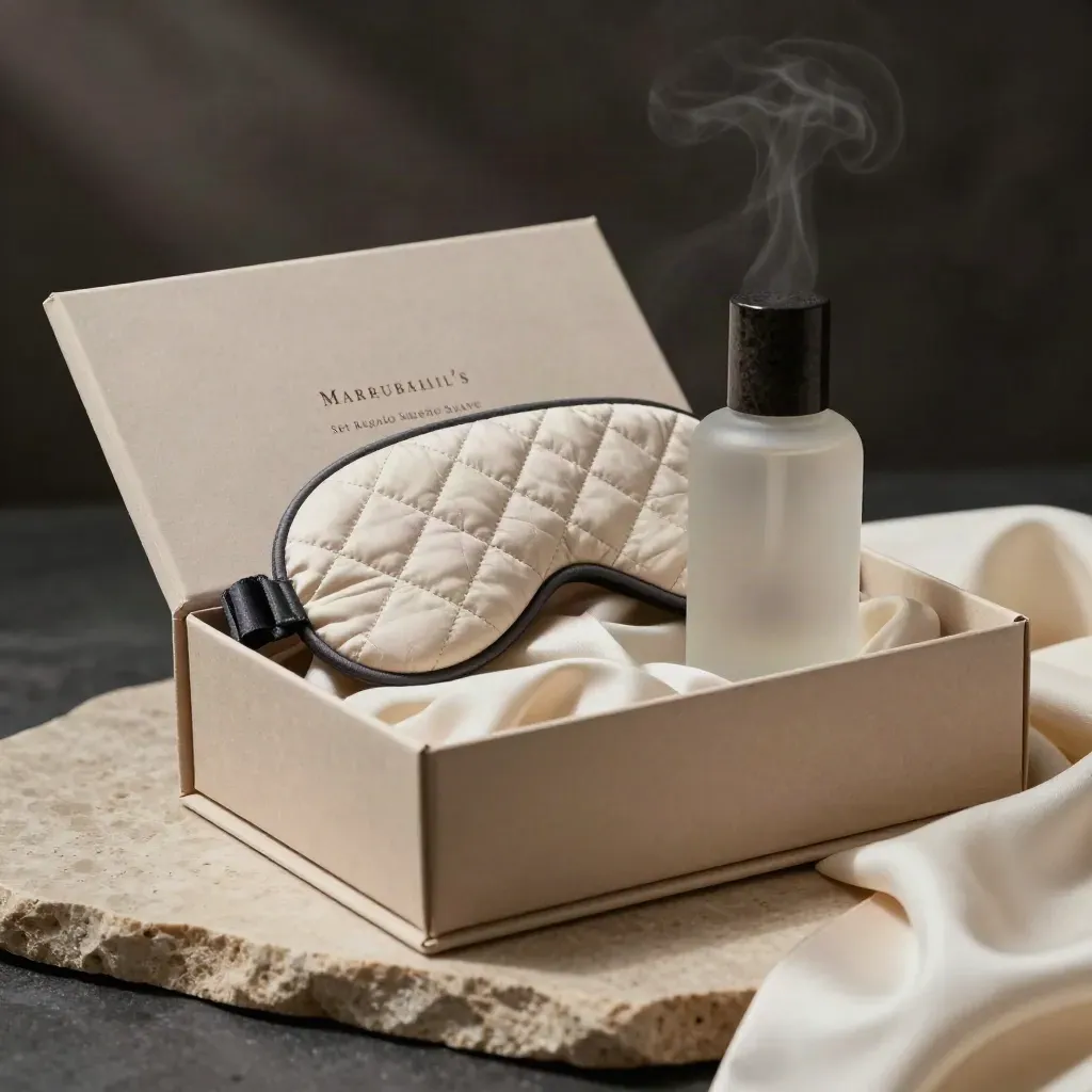 Caja regalo abierta con antifaz, spray de almohada y lazo sobre tela crema, luz dramática