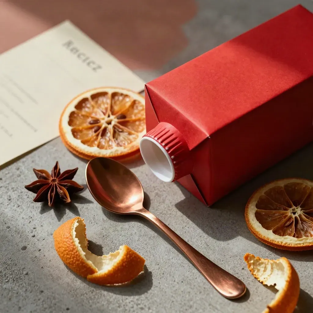 Vista cenital de caja de té rojo con naranja, piel de cítrico, anís estrellado y cuchara de cobre.