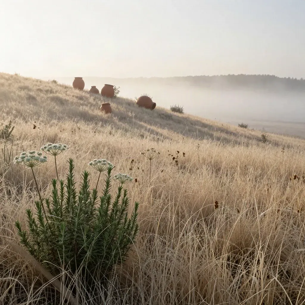 Ladera herbácea con hinojo y romero entre niebla al amanecer.