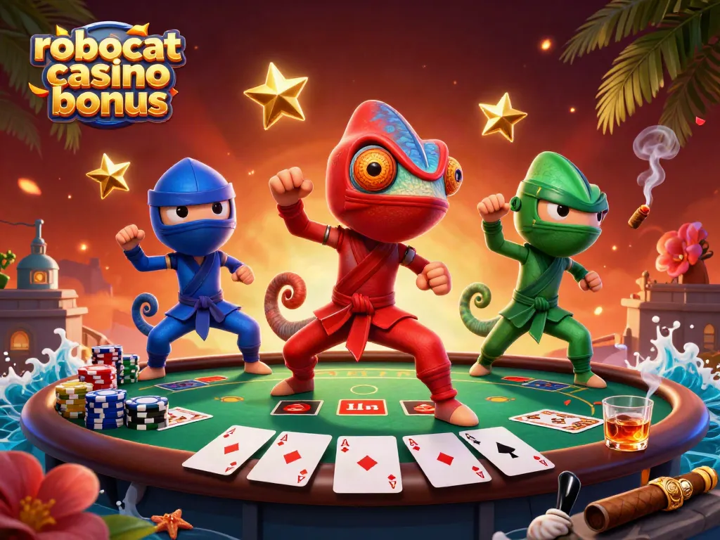 Engage with Robocat casino bonus featuring vibrant cartoon chameleons and poker elements in a dynamic casino scene.